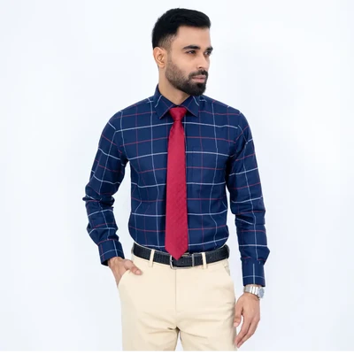 Men’s Navy Color Premium Check Slim-Fit Formal Shirt